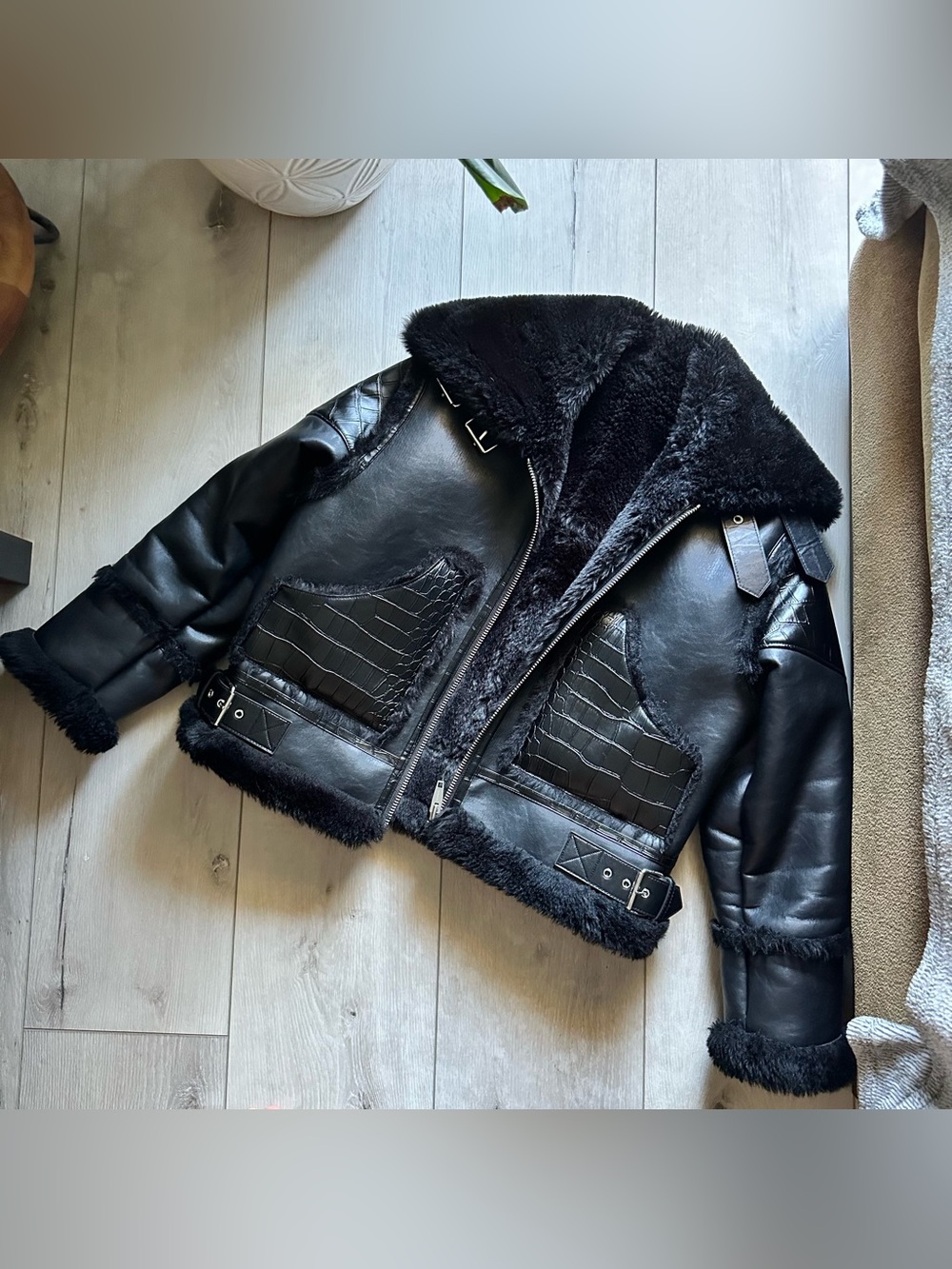 The Kooples Black Faux Shearling Croc Aviator Moto Jacket